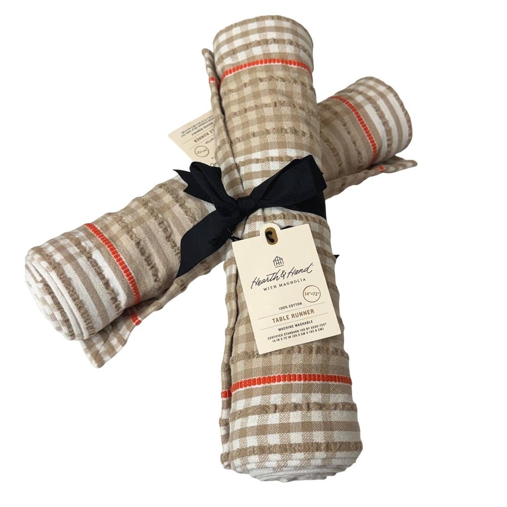 Hearth & Hand Magnolia Cotton Table Runner Set Tan Orange 14x72 2pc Fall Decor